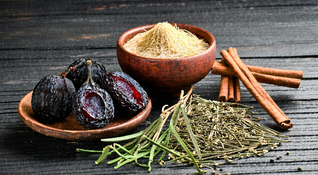 Herbs related to Wu Mei Wan: Wu Mei, coptis, cinnamon twig, and other traditional ingredients.