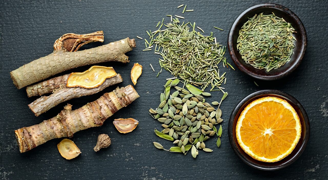 Wu Yao slices, fennel, alpinia oxyphylla, and other herbs arranged flat