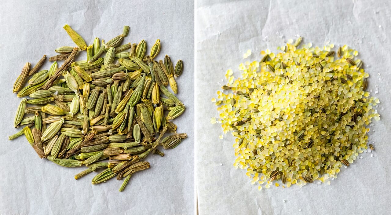 左侧普通小茴香,右侧盐小茴香颜色对比