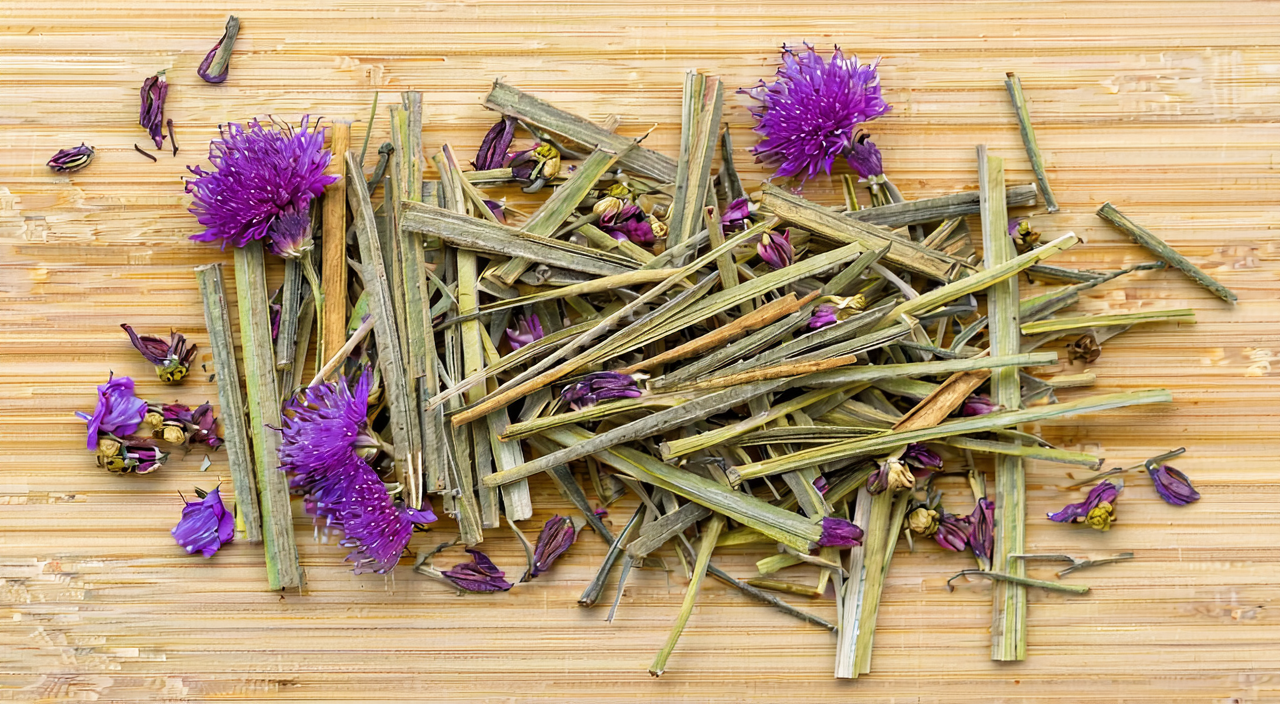 Xiaoji dried aerial part, showing stem and leaf fragments and residual inflorescences