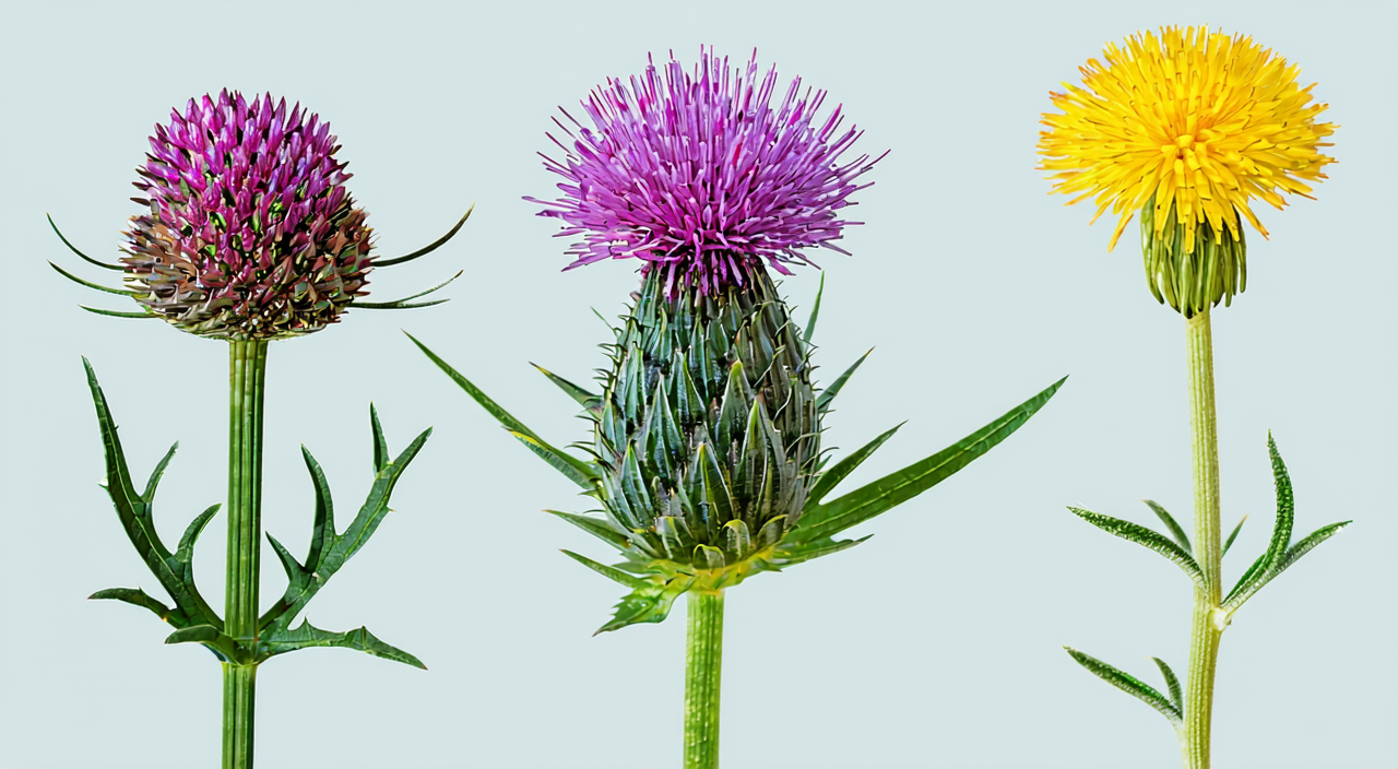 Morphological comparison of Xiaoji, Daji, and Dandelion, noting differences in spines, flower color, and latex