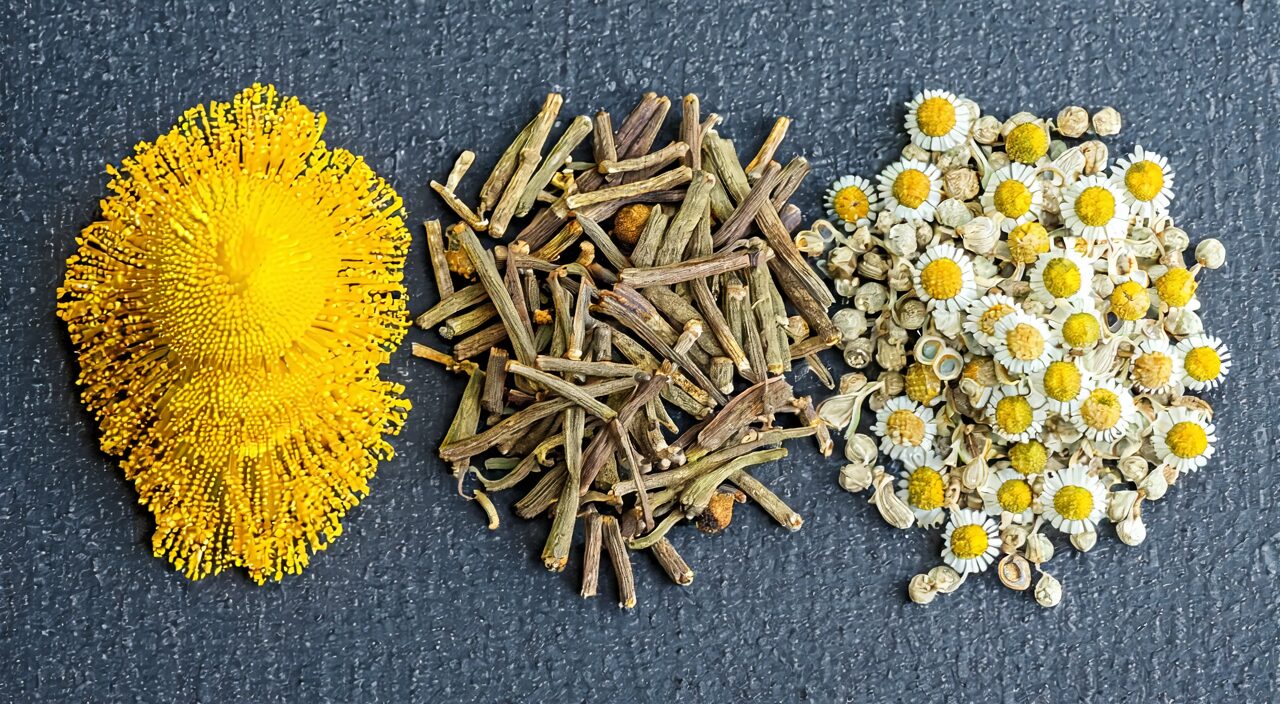 旋覆花、款冬花与菊花药材对比,显示花序与花蕾的区别