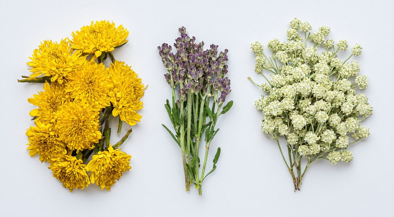 Morphological comparison of wild chrysanthemum, medicinal chrysanthemum, and honeysuckle flower