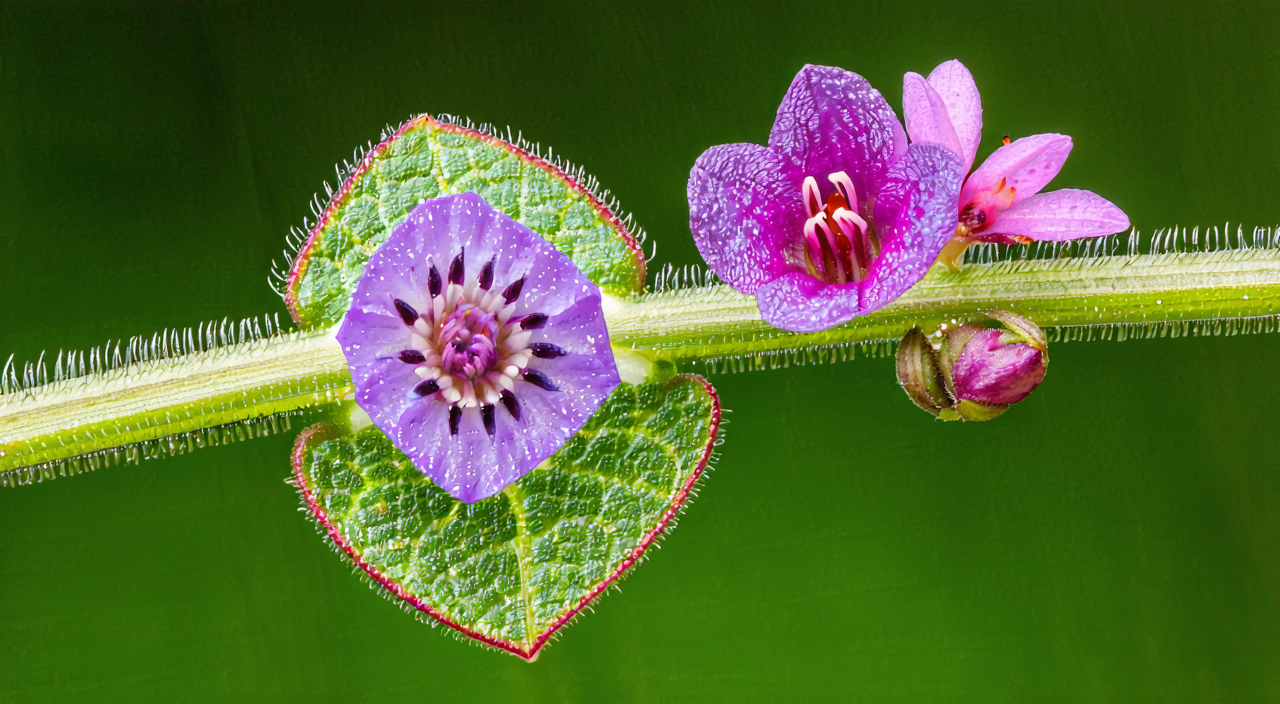 Motherwort stem, leaf, and flower details showing square stem and pale purple axillary inflorescences