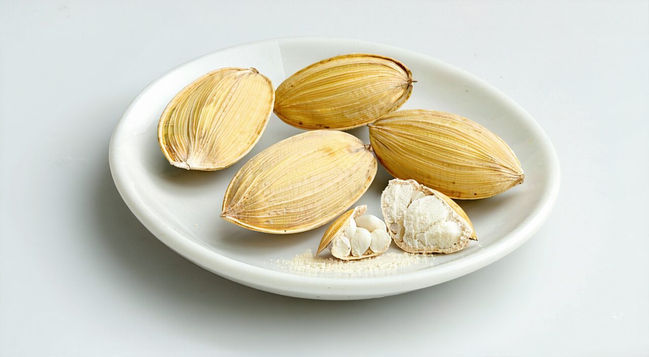 Appearance and cross-section of coix seed kernel showing a deep groove and starchy texture
