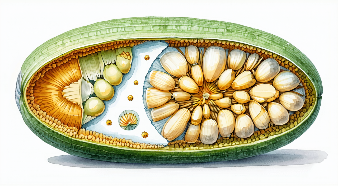 Cross-section illustration of a mature opium poppy capsule; the outer shell is the medicinal part, and tiny seeds are visible inside