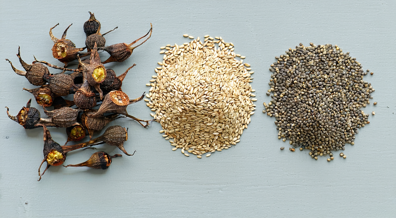 Comparison of poppy capsule, poppy seeds, and chebulic myrobalan, showing differences in form and origin