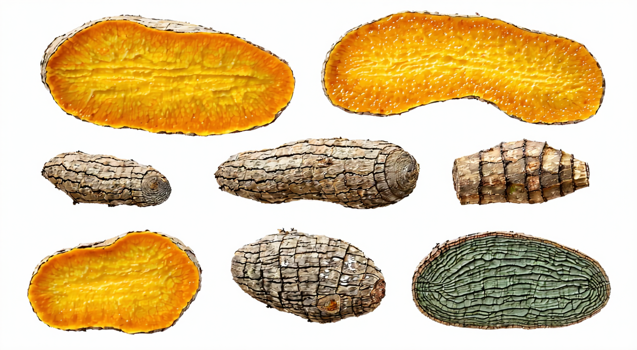 Appearance comparison of yellow-striated and green-striated Curcuma root tubers