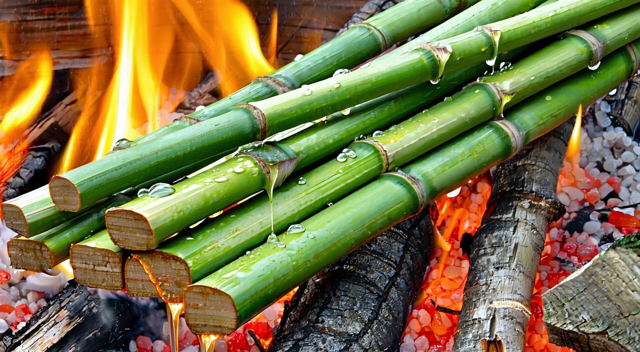 A scene illustrating the collection of Zhuli by heating bamboo stems over fire