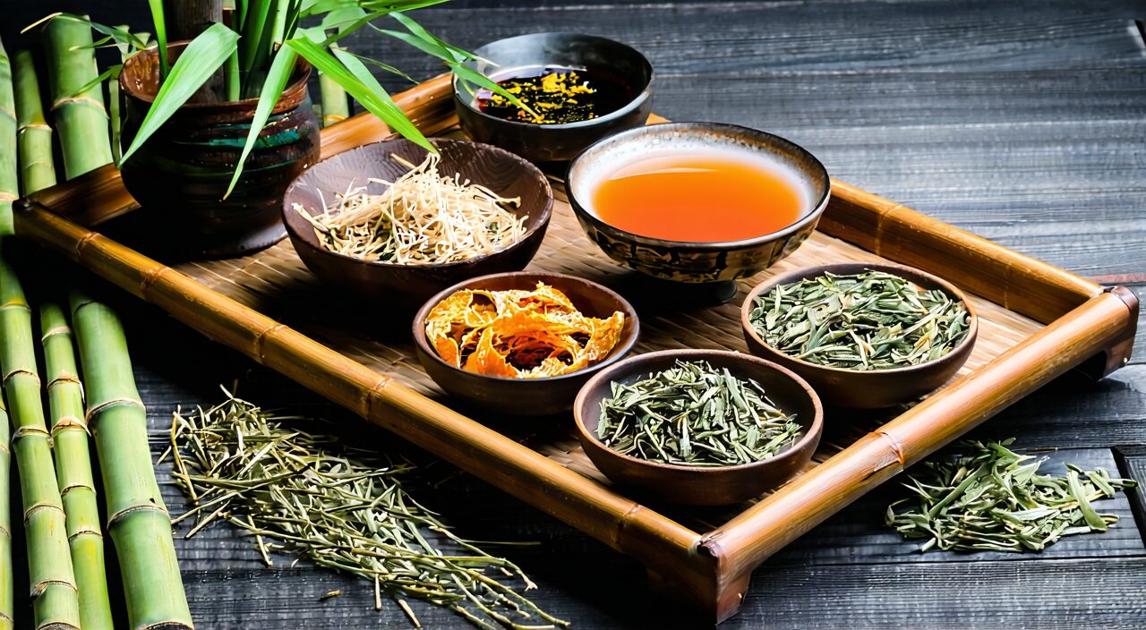 Zhuli and accompanying herbs such as Zhuru and Chenpi, traditional Chinese medicinal materials