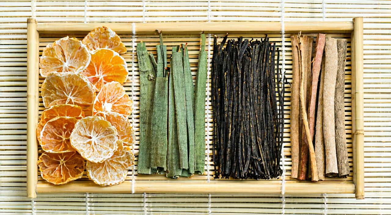 A combination of herbal pieces containing bamboo shavings