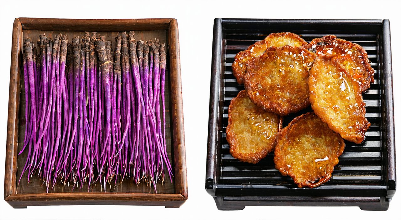 Comparison of raw Zi Wan and honey-fried Zi Wan